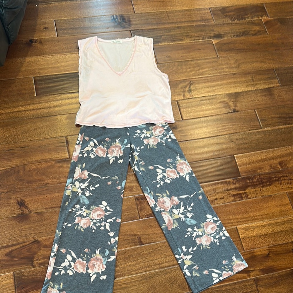 Floral Gray Wide-Leg Pants with Pink Free People Top